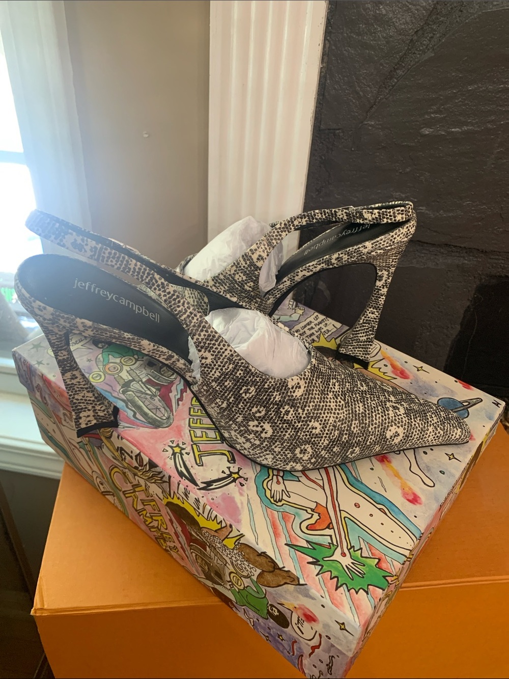 Jeffrey Campbell Black & White Snake-Print Pointed Slingback Heels
